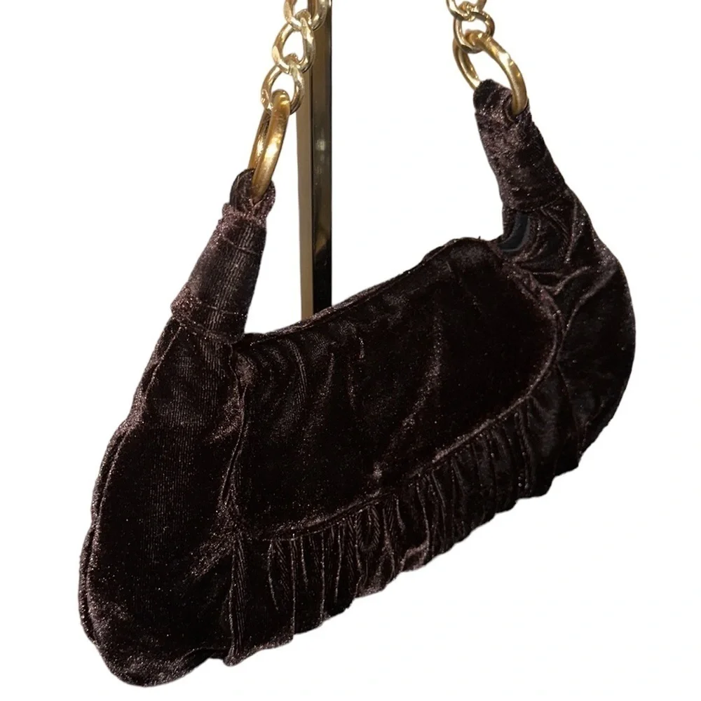 Ann Taylor LOFT dark chocolate Brown velvet east west bag gold chain handle